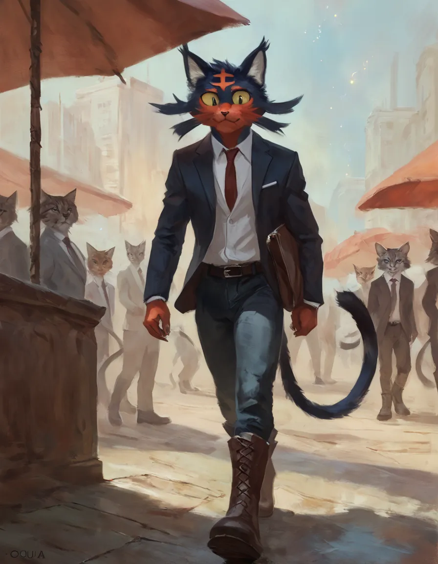 male litten, concept art, masterpiece, front, business suit, jeans, boots, embarrassed expression, (((cosmic udder))), public background, high quality, by oouna