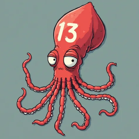 Stylish old red squid with an white "13" on the forehead, view from below, cartoon, white beard
