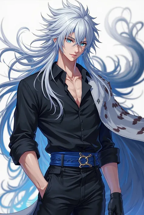  Anime boy, Medieval style, White hair with blue tips ,style long pointed hair, asul eyes,  black shirt serada ,  muscular ,  black pants ,  black shirt,without gloves, With tiger skin tied in the sinturon