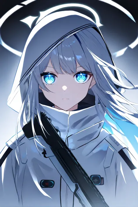 masterpiece, best quality, very aesthetic, absurdres,,simple background, Alone, virtual youtuber, looking at viewer,upper body　girl wearing a white skull mask、 white long coat、 white hood 、White long hair、 blue eyes、white tactical suit、 shotgun、 slender fi...