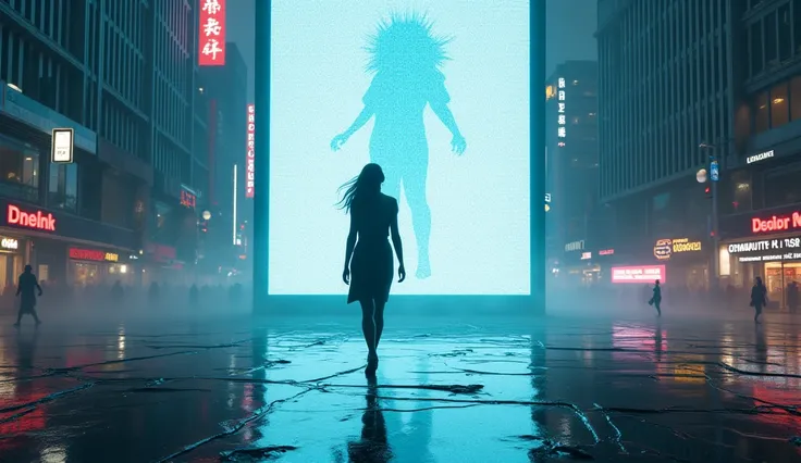 She walks around a corner, her silhouette projected against a large LED panel, as if she were blending into the city.