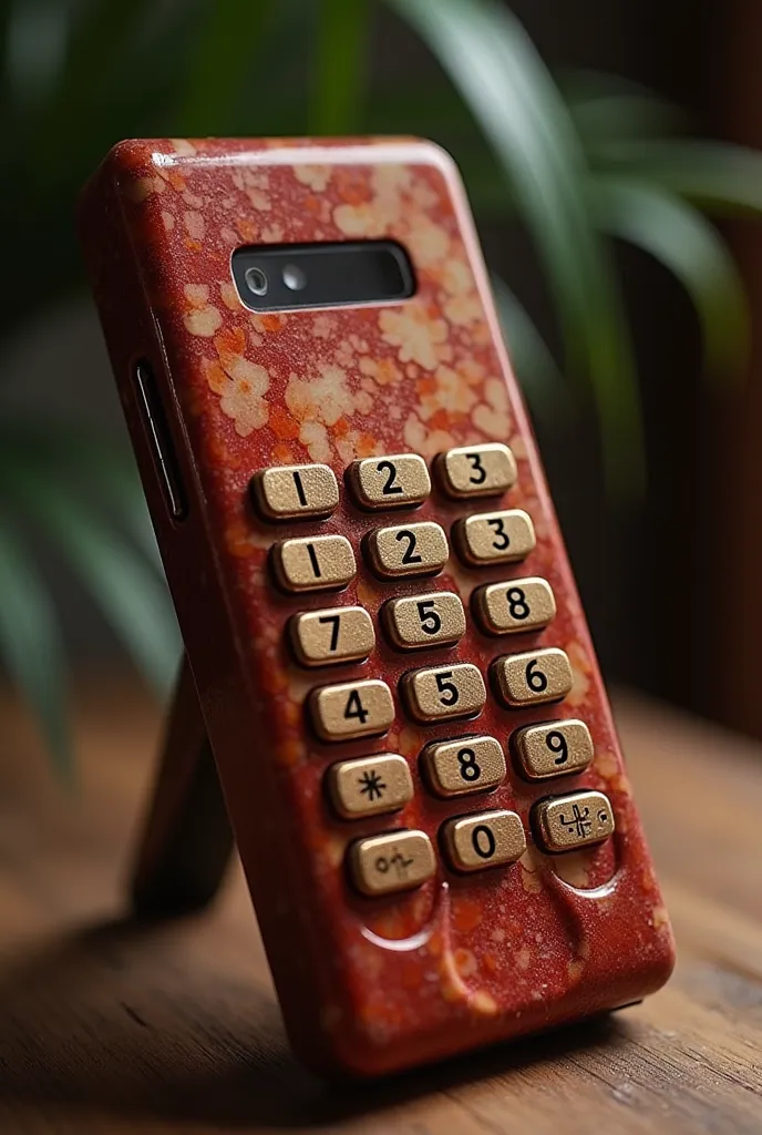 Fait moi une image d’un téléphone luxueux , couleur ébène , moule matière grain de bois , touché qui brille comme de la nacre , 4rangés alignés de touches , charge à bloc , Cinq barre de réception , affichent le répertoire 