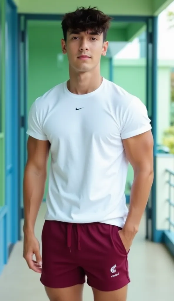 Create an illustration for the cover of a short film featuring a handsome young Indonesian man who is a gym teacher. He should look directly into the camera with a confident expression. He is wearing a form-fitting athletic outfit that shows off his body s...