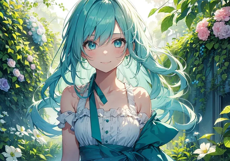 A girl with loose, mint green hair and a clear blue ribbon. The soft light after the rain shines on her profile, and her eyes are clear aqua blue. She has a beautiful, gentle smile, and in the background, flowers and plants sparkle in the light