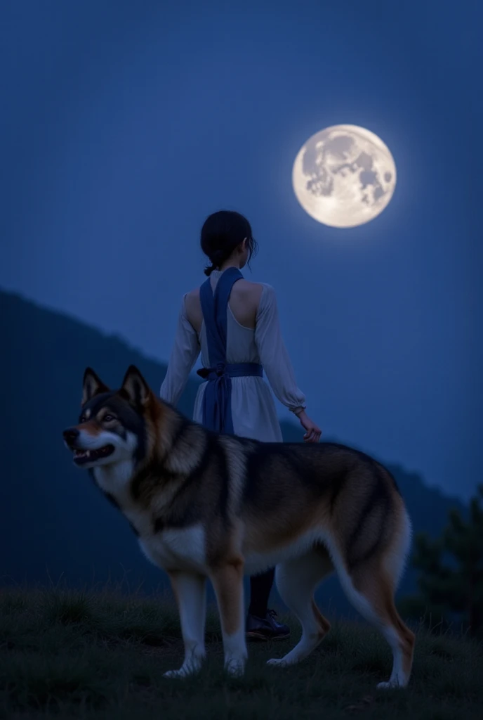 I have 1 girl and 1 wolf.She's a 20-year-old Korean beauty with a perfect body.I'm wearing a hanbok.Behind her is a giant wolf that protects her.It's in the mountains with a big moon floating in the night sky.