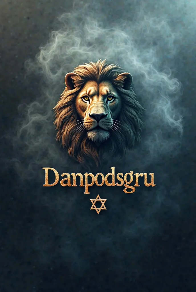 Create a tobacco shop logo with a lion of Judah with a star of David and surrounded by smoke with cool colors with the name highlighted (DANPODSGRU)