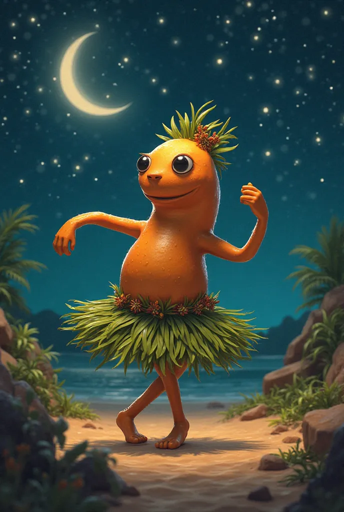 Animated leather nut is dancing hula hula at night