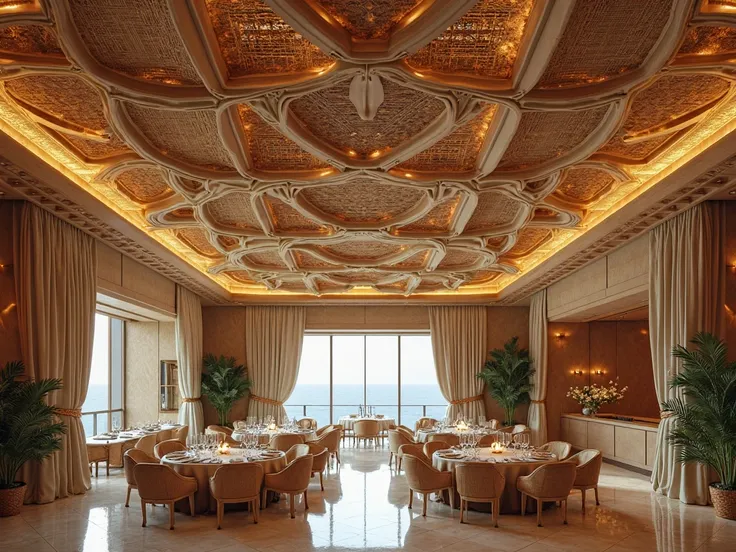 a curved layered ceiling panels using rattan weave accents