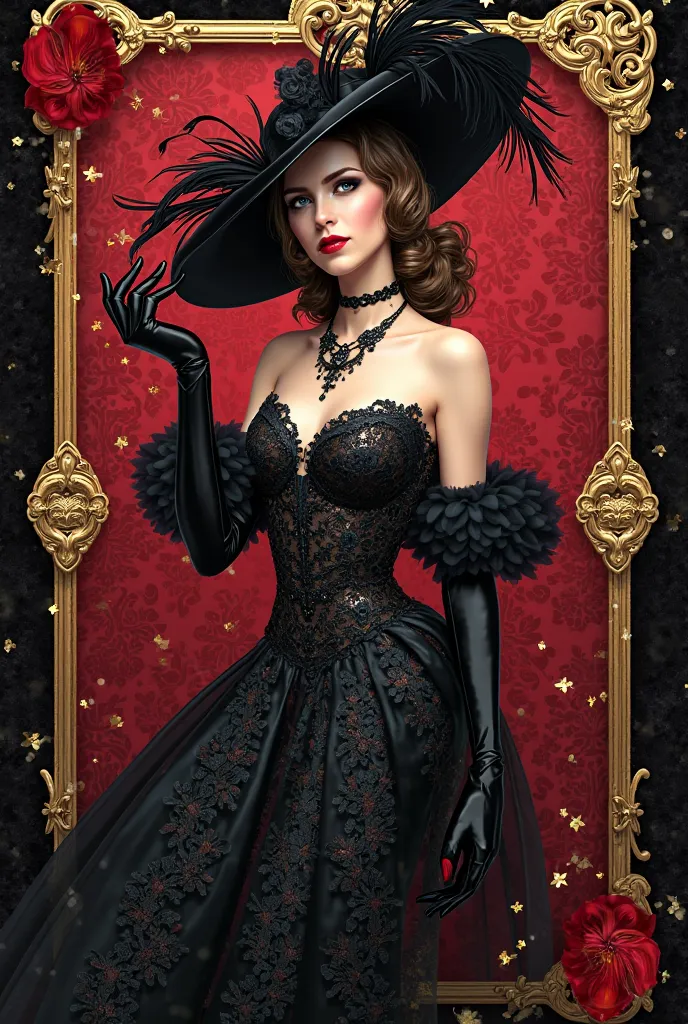 MAKE 6 elegant card designs inspired by the Lady of Spades, poker, cruela devil, Use the colors red , negro, Red wine