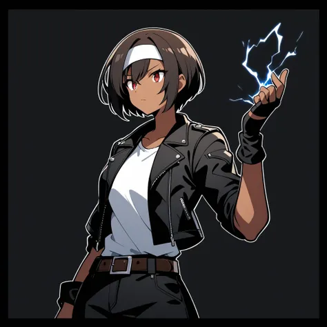 1 Woman, dark skin, dark hair, short cut, red eyes, jacket, looking, glare, electrokinesis, electricity, soft focus, she is wearing ((black leather jacket with rolled up sleeves)), open jacket, black fingerless gloves, white T-shirt, (( white headband)), b...