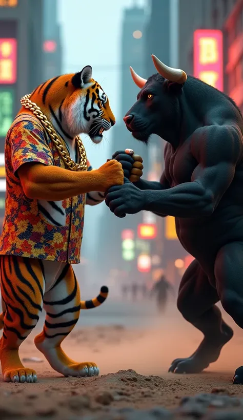 A highly detailed, semi-realistic render of a fierce fight scene between an anthropomorphic tiger and a muscular black bull. Both are standing on their hind legs, facing each other in an intense confrontation. The tiger, taller and more dominant, wears a v...