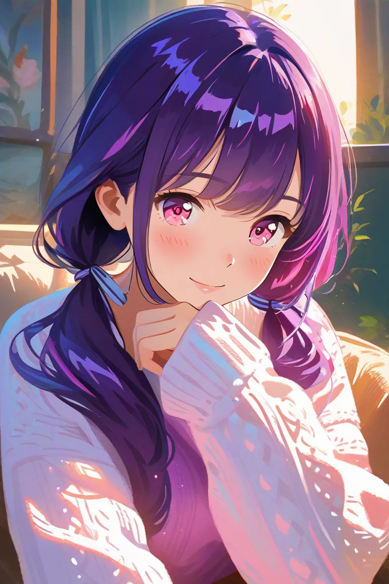 purple hair, twin tails, pink eyes, white knit, pink jumper