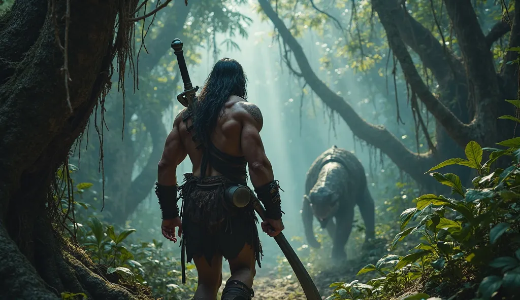 Deep within a dense, untamed jungle, Conan moves silently and cautiously, his muscular frame glistening with sweat as he navigates through the thick foliage. The air is heavy with mist, and the sounds of distant growls and rustling leaves echo through the ...