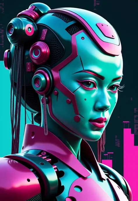 A Cyberpunk Glitch Art Portrait of a ironman geisha, with distorted visuals and digital artifacts. Use a neon-infused palette of turquoise and fuchsia to create a futuristic, dystopian atmosphere with glitches and digital distortions --ar 3:2