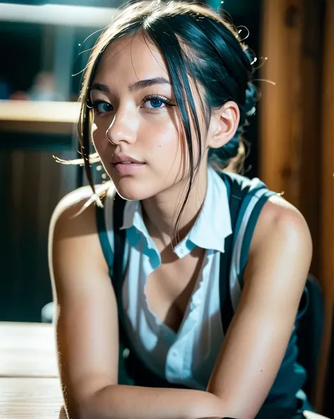 Woman sitting in a coffee. Has a blue shirt on,  style photorealistic , impressionist,  sharp focus, very detailed, daylight, Detail,  full body