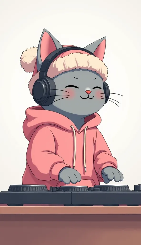 A relaxed gray cat in side profile with closed eyes, created with an anime aesthetic inspired by lofi hip hop. The cat wears large headphones, a winter hat, and a pink hoodie. The cat plays music on a DJ controller, embodying a soft, relaxed energy. The ba...