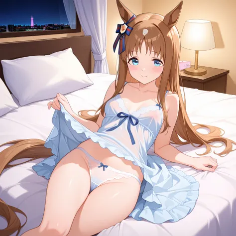 nsfw,masterpiece, 1 girl, indoor,bedroom,love hotel,on the bed,bed, canopy bed,sheer curtains,（king-sized bed:1.5）,large mattress bed,wide bed,sexy nightgown ,laclying,on backs, nightgown lift,showing off panties,lace trimmed panties,blush,angel smile,hors...