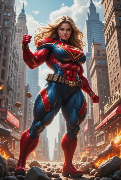 Comics superheroine, 19 years old girl, fighting in NYC, she is blond and muscular, comics style, masterpiece, action scene, movie, cinematic