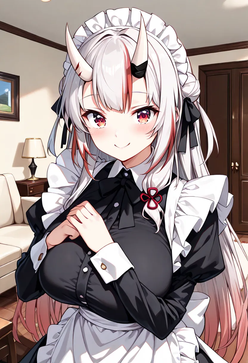 (Highest quality , 8k , masterpiece , incredibly absurdres , perfect body , super detailed skin , highly detailed eyes and face , 1 woman ) ,  nakiri ayame , Silver Hair , red eyes , demon horn , smile ,  will be happy , ( maid apron , maid , maid headdres...