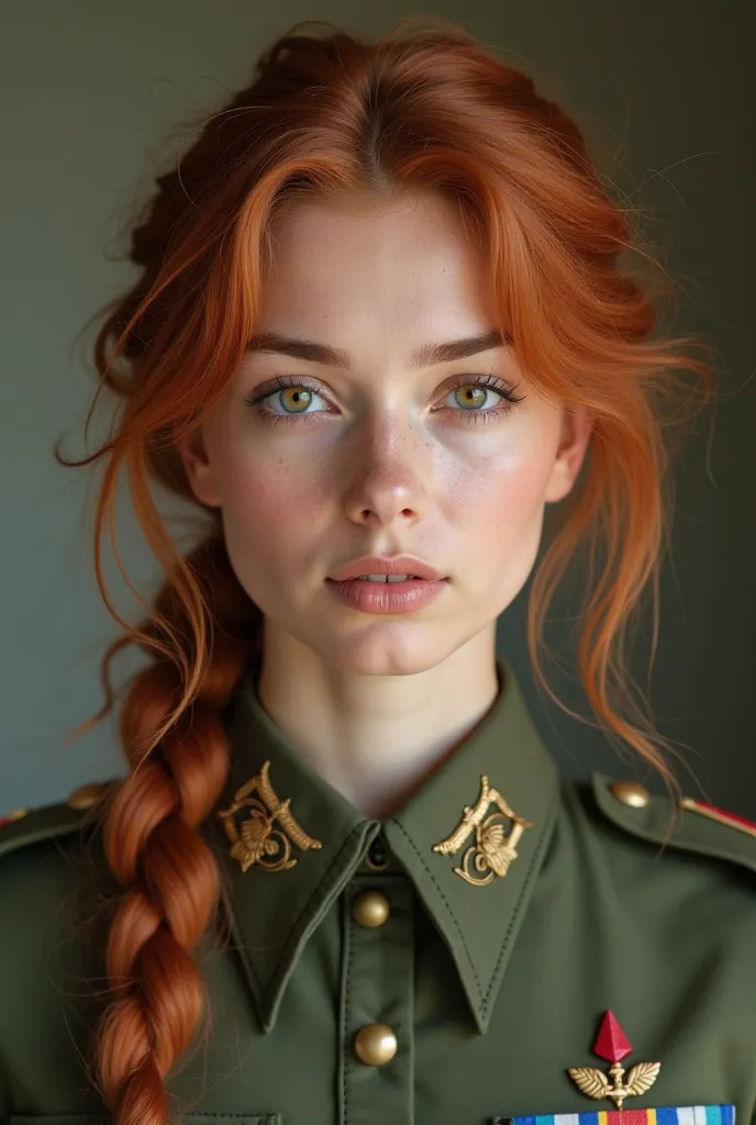 make a image of woman, who is readhead with frinde and has brown-green eyes. She is wearinf a military uniform in colors of green-brown (the typic uniform). Also add some Origanum majorana to her hair and uniform as symbol