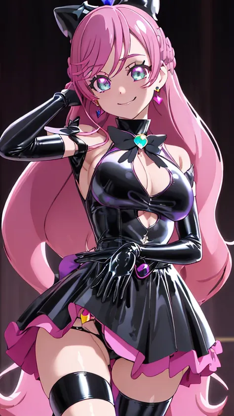 Highest quality,  super precise,1 girl, Alone, ((cure_ prism_hirogaruskyprecure)),  long hair, green eye, pink hair, bow, bangs, black bow, 1 girl, , gloves, holding, viewers, black gloves, earrings,  Black Skirt with Frills, ,  black enamel boots , Malici...