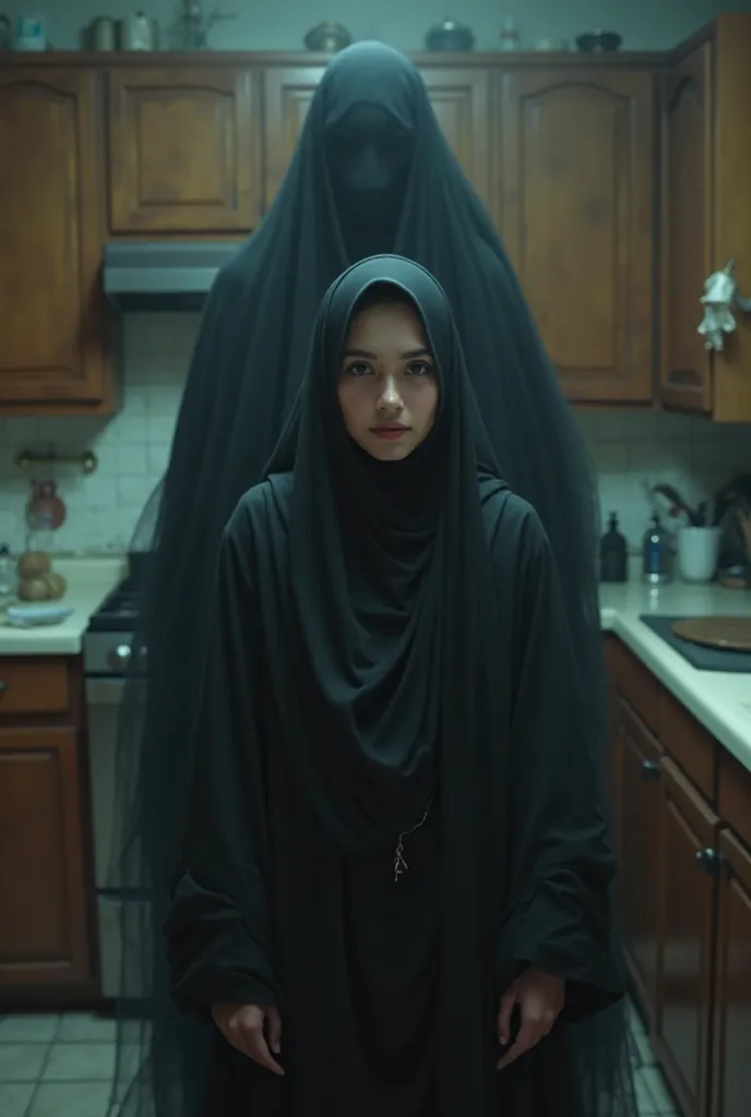 A girl wearing a hijab stands in the kitchen with a black ghost behind her 