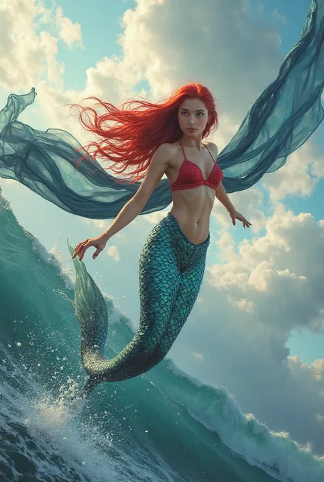 mermaid flying through the sky, red top, long red hair,  beautiful, Navy blue scarf, Realistic,  photorealistic , 8k, extreme detail, studio lighting,  vivid colors, cloudy sky, sunlight, mar, waves,  reflections in the water, plumage, brilliance,  detaile...