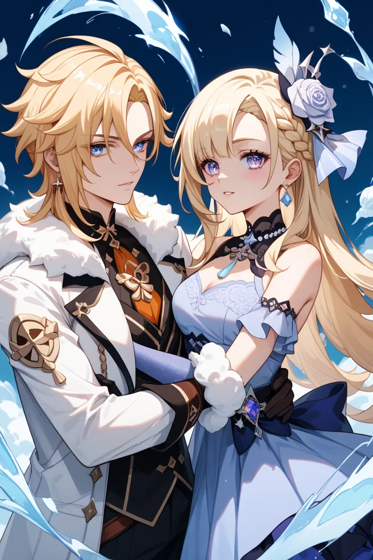 2 persons, one is a cool beauty, silverly blonde hair, waist-long hair, hair arrange like Abigail from FGO, middled parted bangs, rose-formed braid, light lilac eyes, dressed in the fur coat of fatui habingers from Genshin Impact, lilac dress, Electro Eye ...