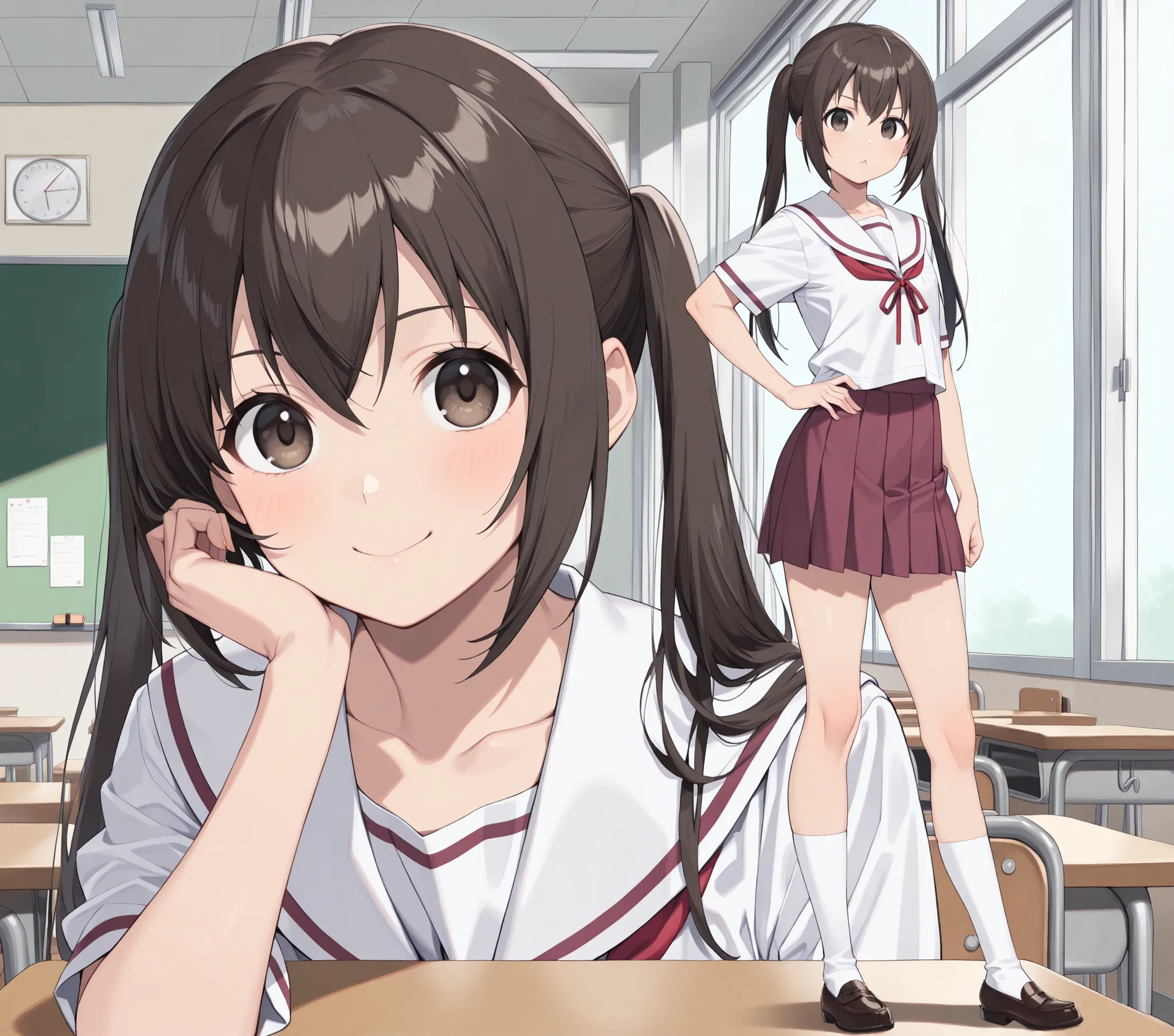 Minami Kana, long hair,brown hair,twintails,hair between eyes,bangs,brown eyes,triangle mouth, collarbone,pinstripe white sailor uniform, dark pink pleated skirt, white socks, loafers, Score_9,Score_8_Up,Score_7_up,(Source_Anime),(masterpiece, best quality...