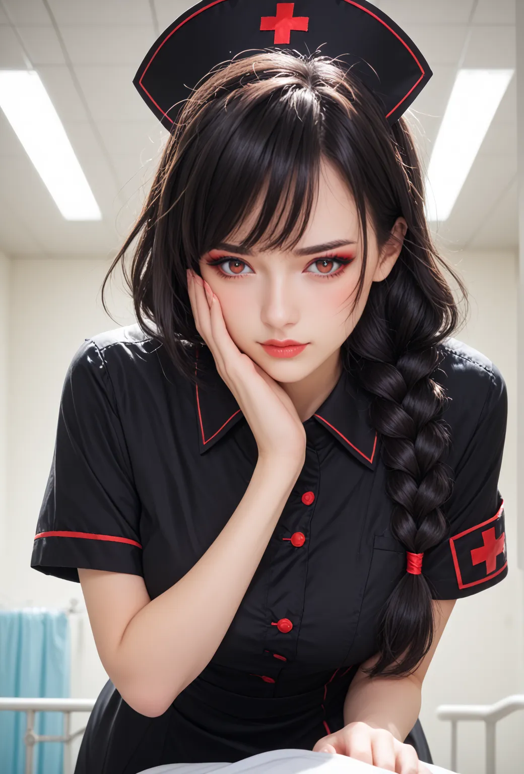 1 woman,  Pretty beautiful girl, ((wearing black nurse clothes ,  black nursing clothes with red accents,   black hair,  braided braid)), Pure slut, captivating body, ( raises eyebrows,  embarrassed,  eyeliner, Blush),  sexy body,  beautiful eyes,   beauti...