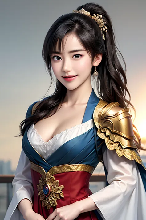 The upper body of a female warrior wearing golden armor and cloak, 1 person,  cute ponytail  ,20 years old, (((Real Face))), slightly larger breasts and cleavage,  reveal cleavage,Scary face,  very fine face and skin texture , staring at the camera,   Chin...