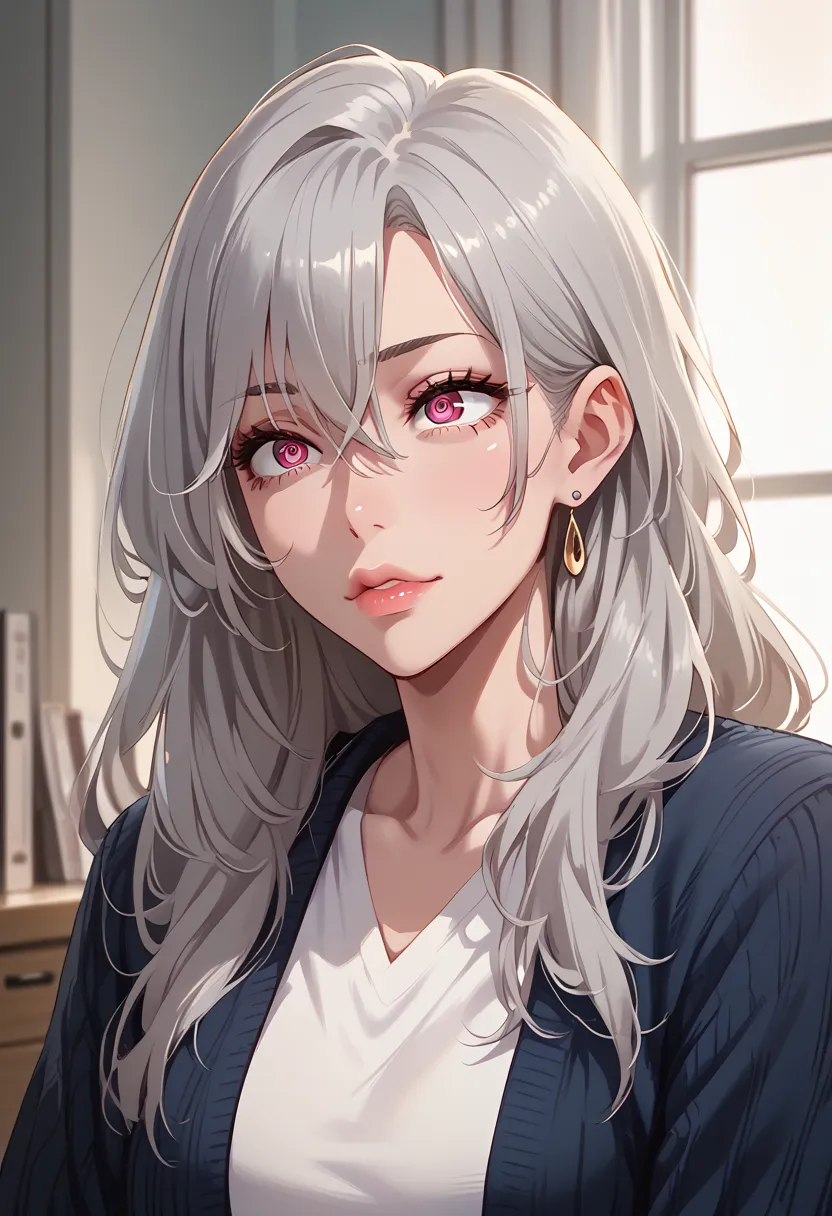 1 female, alone,  long straight hair, ash gray hair, sloping eyes 