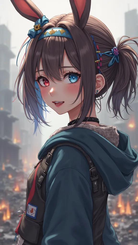 post apocalyptic city. hyper realist High Resolution, Blush, Smile, Short Hair, Open Mouth, Long Hair, High Resolution, Solo, 1girl, Open Mouth, Short Hair, Blue eyes, Bangs, Brown Hair, Blonde Hair, Black Hair, Simple background, Hair Ornament, Red Eyes, ...