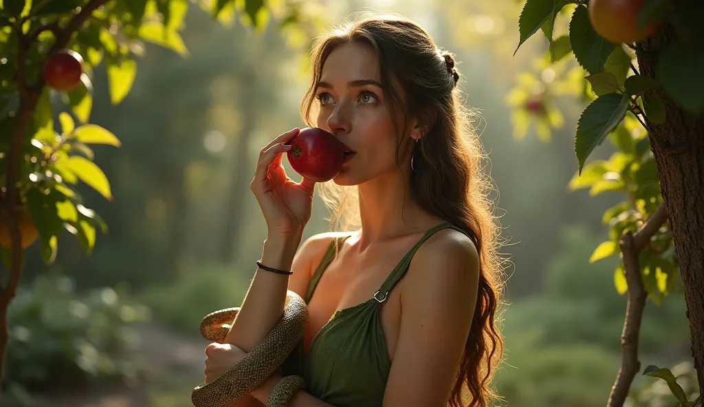  Eva in the Garden of Eden , dressed in a simple leaf tunic, biting an apple. A snake is wrapped around her arm. The scenery is paradisiacal, with fruit trees and soft light filtering through the leaves