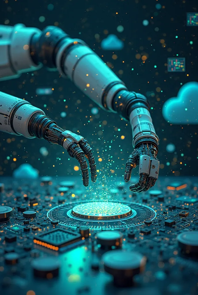 "A visual concept of innovation in manufacturing: a robotic arm assembling parts with precision, surrounded by technology icons such as data clouds, 3D graphics,  and digital circuits , with a background of vibrant colors (electric blue, neon green and met...