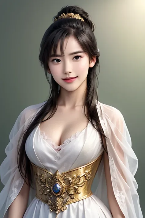 The upper body of a female warrior wearing golden armor and cloak, 1 person,  cute ponytail  ,20 years old, (((Real Face))), slightly larger breasts and cleavage,  reveal cleavage,Scary face,  very fine face and skin texture , staring at the camera,   Chin...