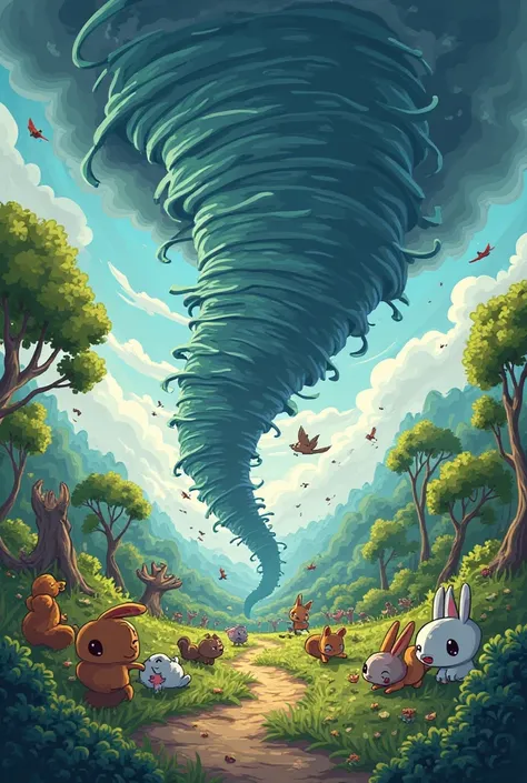 In the cartoon forest there is a huge tornado and animals are fleeing