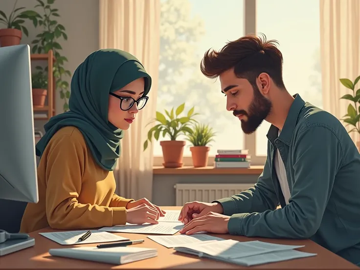 create an image  of one women  with hijab and glasses siting with a young man  with a beard and the guy without glasses and the guy work in pc the girl watching him and working in paper 