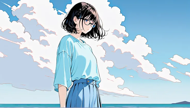 ((cloud))、((alone)),((Red Sea and Sky)),wind、((Transparency)),(( neon color)), expressionless,((Black Hair Braid Long Hairstyle)),((( black rimmed glasses))),masterpiece, Highest quality, Beautiful attention to detail, Very detailed, In detail, High resolu...