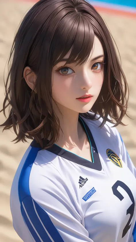  masterpiece、masterpiece、Highest quality、超High Resolution、High Resolution、 16k wallpaper、perfect dynamic composition,、Beautiful eyes with attention to detail、(Volleyball Jersey:1.3)、  dark brown wavy hair 、short hair、Portrait、 exhaustiveなexhaustive、 Absurd...