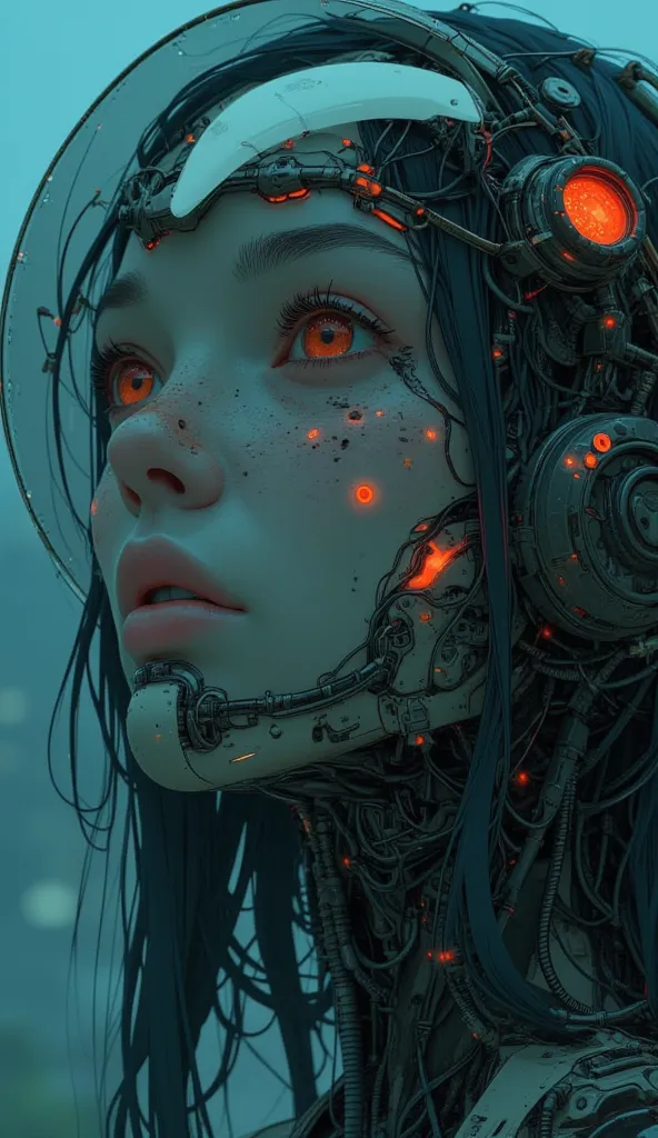 A futuristic female cyborg with a sleek, glass-like exoskeleton reflecting ambient neon lights. Her face is strikingly human with smooth porcelain skin, expressive eyes, and red lips, seamlessly integrated with advanced cybernetic components. She wears a t...