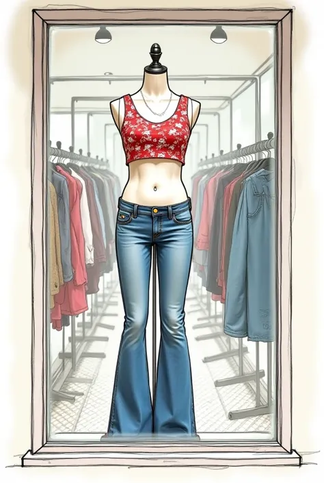 mannequin inside a window with flared jeans and a top that leaves the belly uncovered by the floral pattern. from the window you must see the interiors of the store, which must be slightly vintage. the style must be minimalist and a drawing sketch without ...