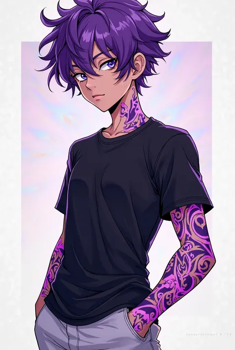 a drawing of a boy with purple hair and glowing purple tribal tattoos running down both arms and face, with a black shirt and white pants, half body shot, a manga drawing