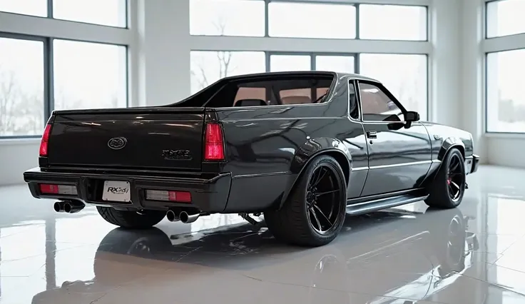 Back view of painted black with shiny clour 2025 Chevy El Camino  sleek in large shape sedan in large size with Mazda RX-9 logo on its large detailed grille in shiny black clour with angular sporty design captured from close back view with modified sleek b...