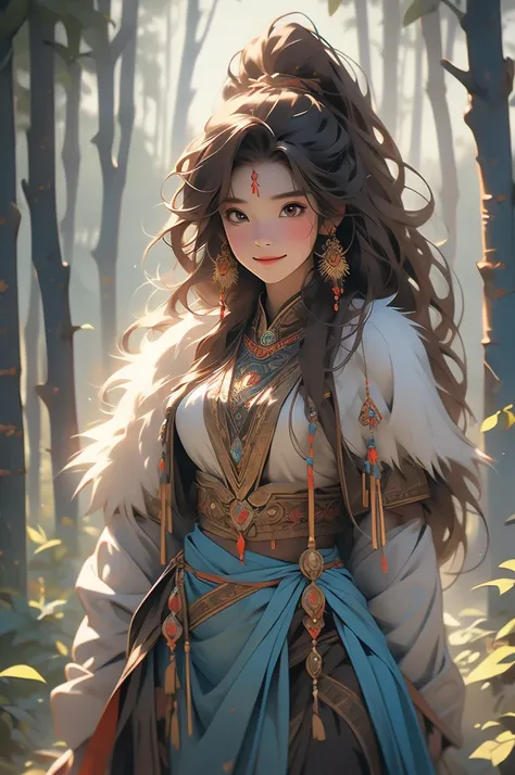  1girl, tribal clothing, bronze jewelry, makeshift clothing, fur clothing, messy brown hair, blue yes, prehistoric, evil smile, forest background, wide hips, 3/4