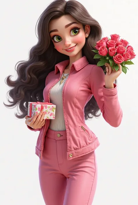 female Disney Pixar character,  with white skin , long loose curly dark brown hair, green eyes, long eyelashes, pink clothing jacket and pants,  smile, with a bouquet of roses in one hand, and a gift box in the other,  half body 