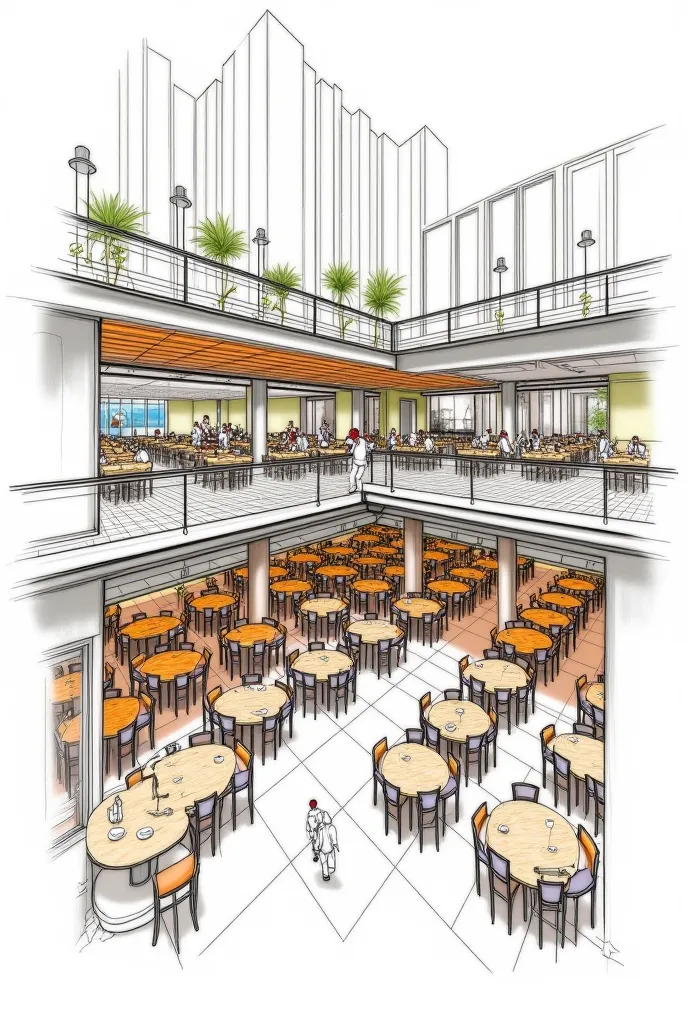 I want a sketch of a restaurant separated into areas that have a first level 