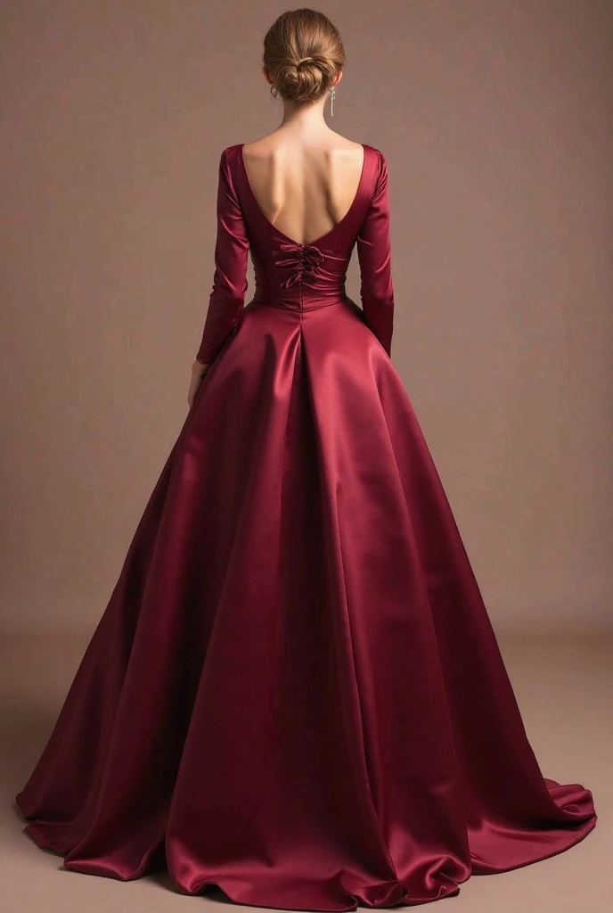 With long sleeves tied, covered back and v-cut on the chest, from chest to waist tied and hips starts to be pompous, with a lot of volume ,  princess style long, undecorated, wine color plain satin fabric