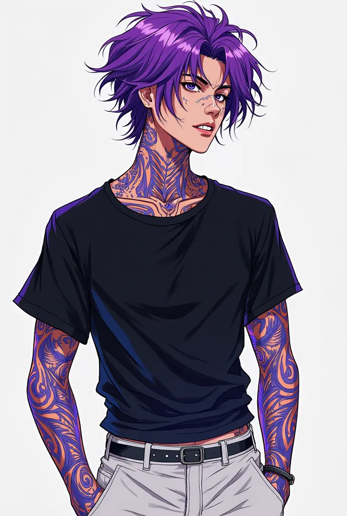 a drawing of a guy with purple hair and glowing purple tribal tattoos running down both arms and face, with a black shirt and white pants, half body shot, a manga drawing