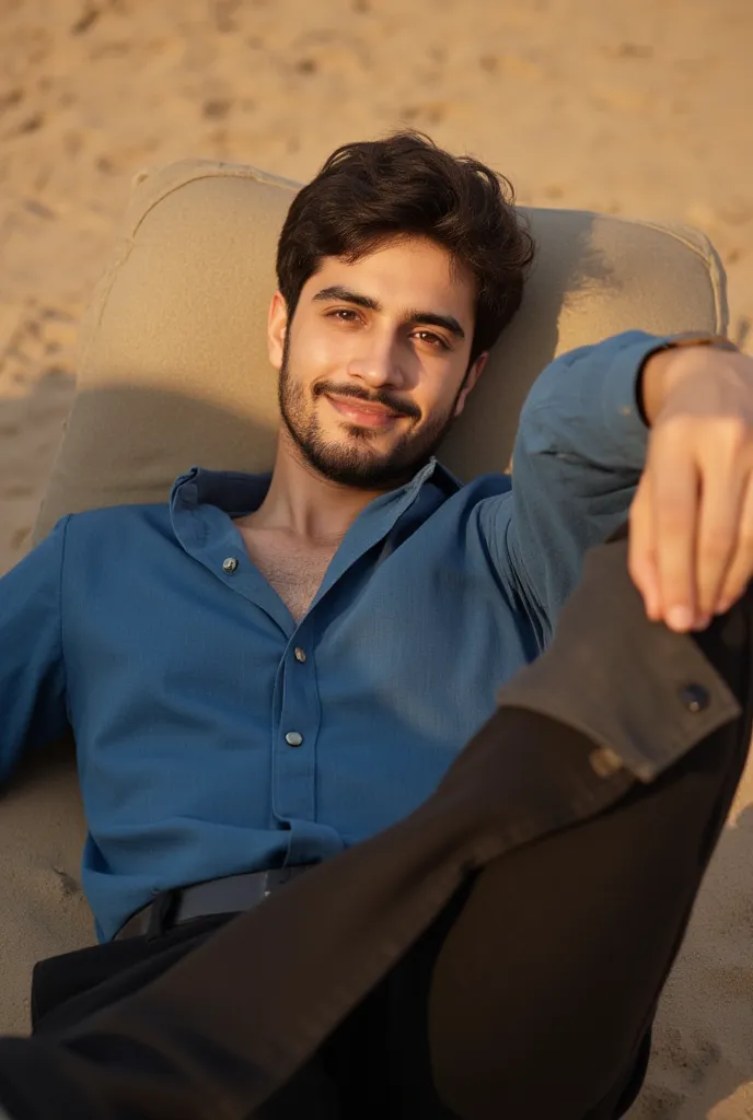 A stylish young moroccan man with a relaxed posture, witha square shaoe face, dark brown hair, dark brown eyes, with goatee, wearing transclusid round glasses, smiling, reclining on a black metal chair in an outdoor setting with sandy ground. He wears a fi...